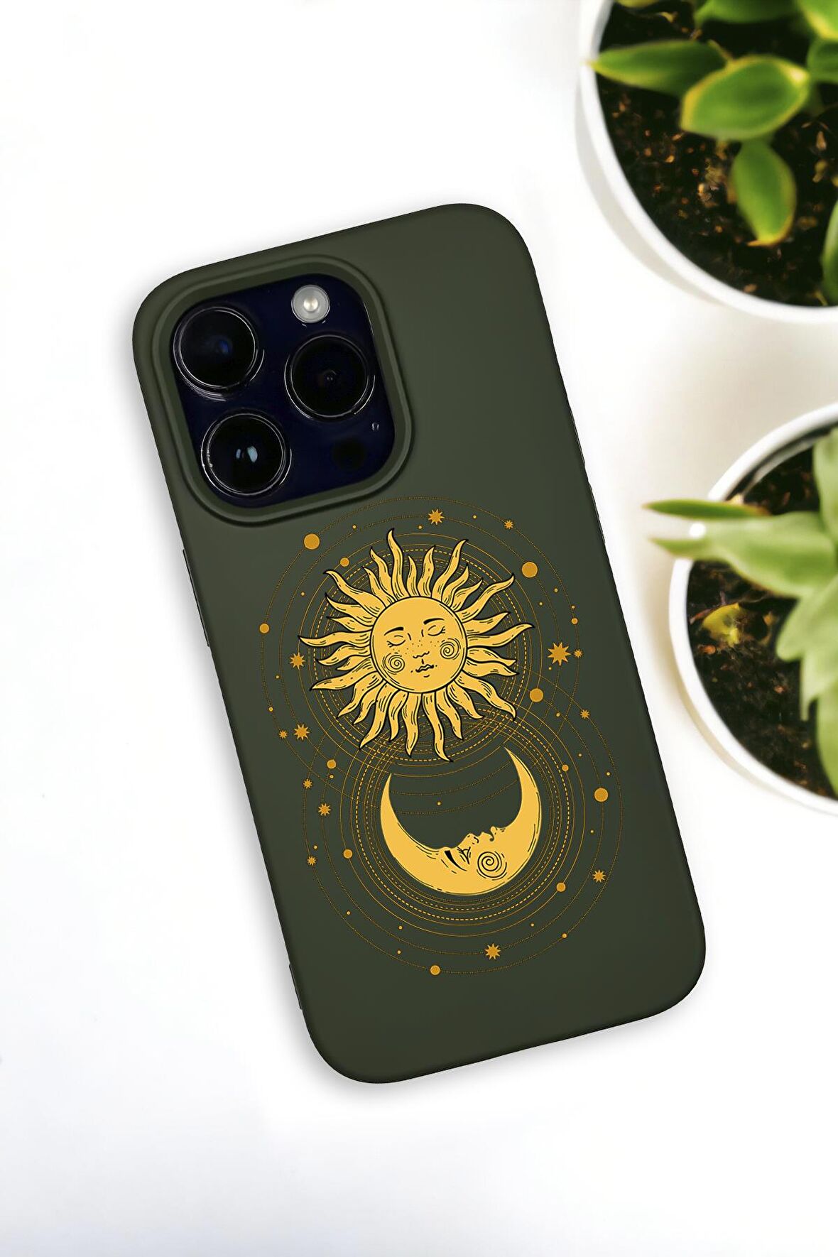 iPhone 14 Pro Uyumlu Moon and Sun Desenli Premium Silikonlu Haki Lansman Telefon Kılıfı
