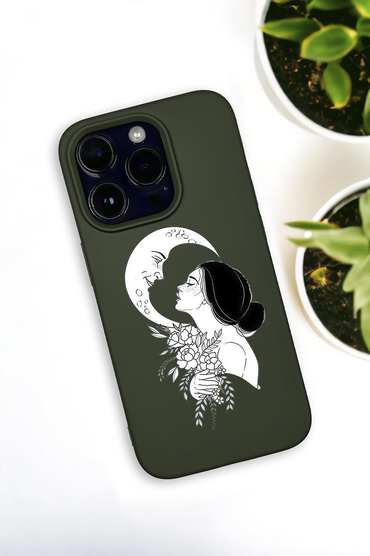 iPhone 14 Pro Uyumlu Moon and Women Desenli Premium Silikonlu Haki Lansman Telefon Kılıfı