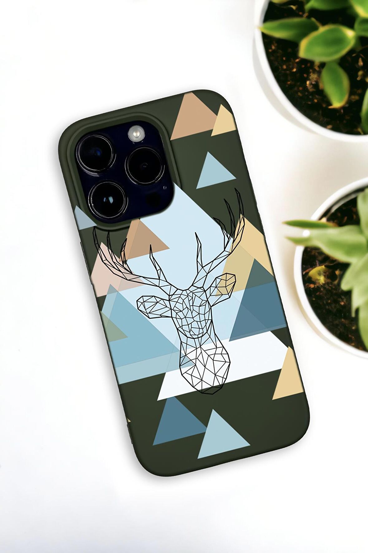 iPhone 14 Pro Uyumlu Polygon Deer Desenli Premium Silikonlu Haki Lansman Telefon Kılıfı