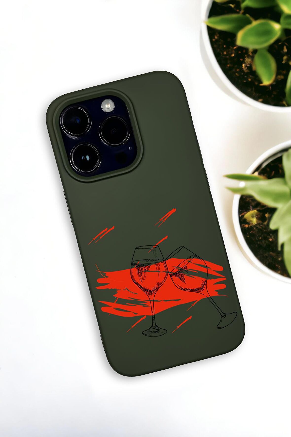 iPhone 14 Pro Uyumlu Spilled Wine Desenli Premium Silikonlu Haki Lansman Telefon Kılıfı