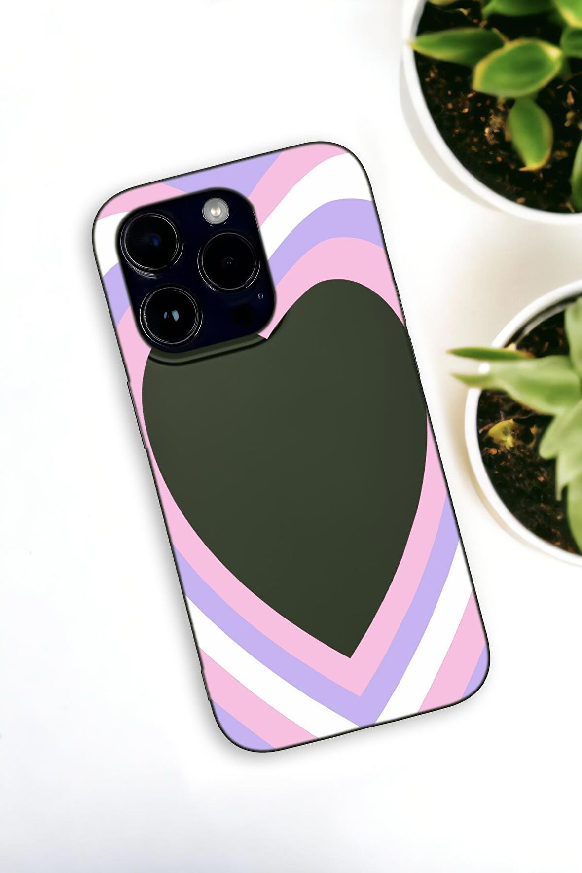 iPhone 14 Pro Uyumlu Purple Heart Desenli Premium Silikonlu Haki Lansman Telefon Kılıfı
