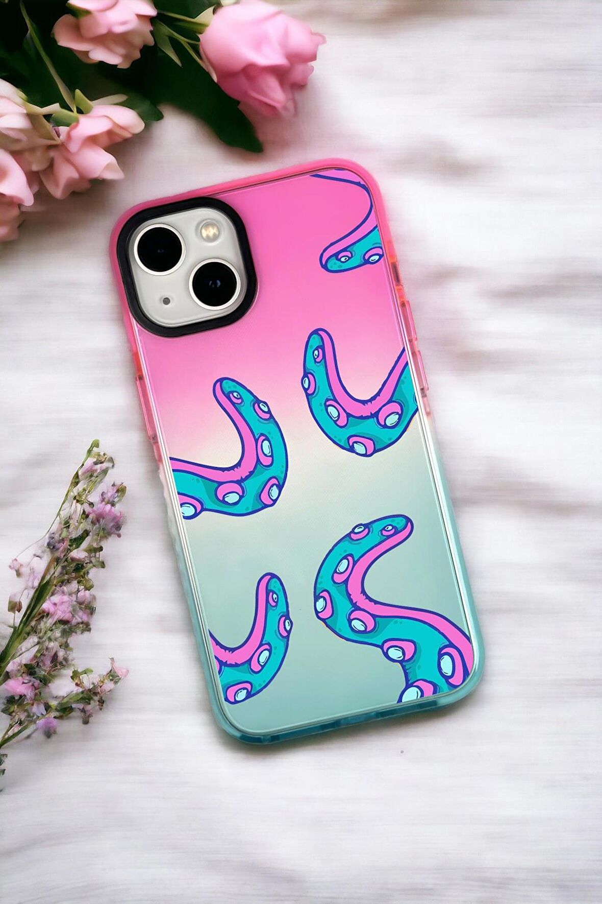 iPhone 14 Uyumlu Ahtapot Desenli Premium Rainbow Silikonlu Telefon Kılıfı