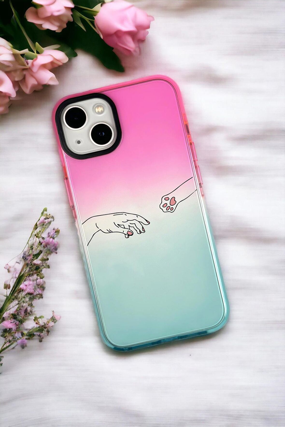 iPhone 14 Uyumlu Hand and Paw Desenli Premium Rainbow Silikonlu Telefon Kılıfı