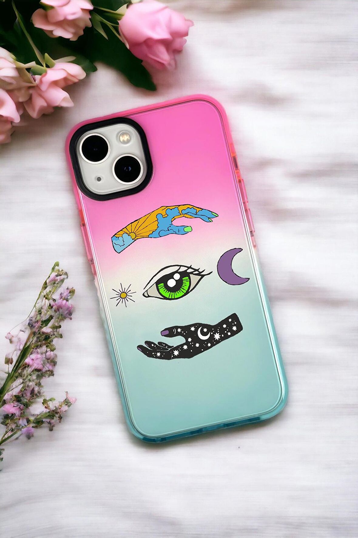 iPhone 14 Uyumlu Evrendeki Göz Desenli Premium Rainbow Silikonlu Telefon Kılıfı