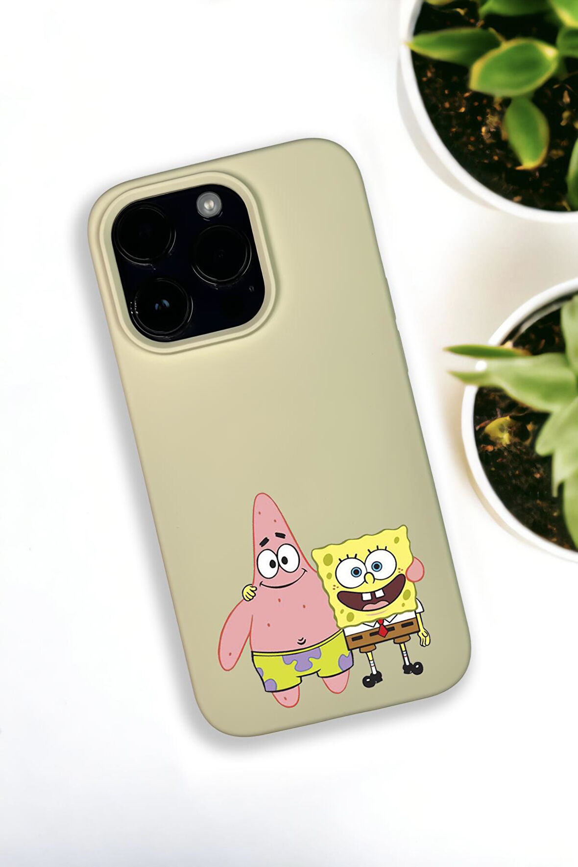 iPhone 14 Pro Max Uyumlu Sünger Bob ve Patrick Star Desenli Premium Silikonlu Krem Lansman Telefon Kılıfı