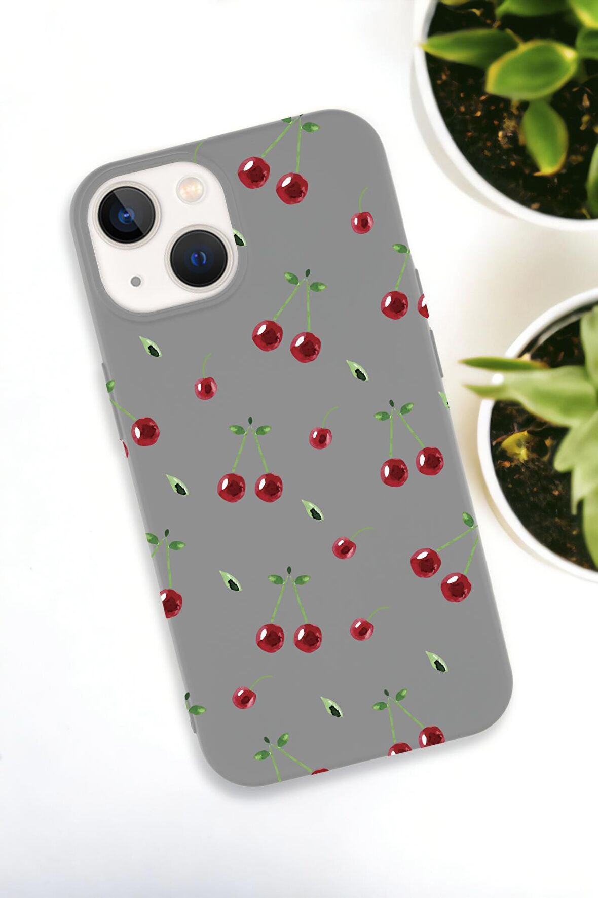 iPhone 15 Uyumlu Kiraz Desenli Premium Silikonlu Telefon Kılıfı