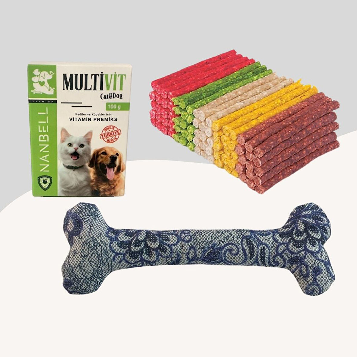 Renkli Munchy Ödül Çubuğu 500Gr + Multivitamin + Yumuşak Oyuncak Mavi Desenli