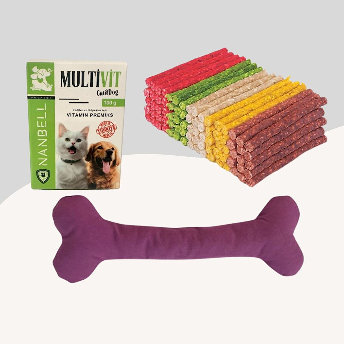 Renkli Munchy Ödül Çubuğu 500Gr + Multivitamin + Yumuşak Oyuncak Mor