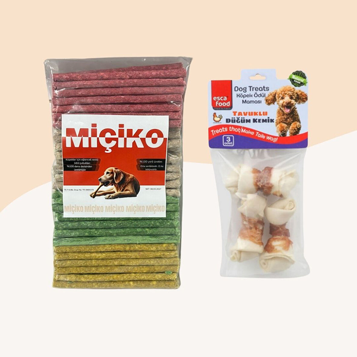 100Lü Renkli Munchy Köpek Ödülü + 3Lü Tavuklu Mini Düğüm Kemik