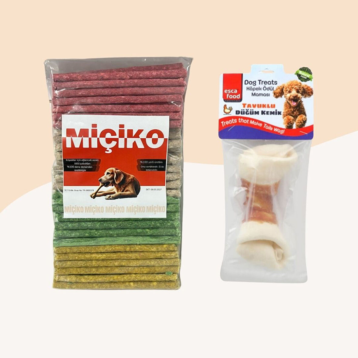 100Lü Renkli Munchy Köpek Ödülü + Tavuklu Düğüm Kemik 15,5Cm