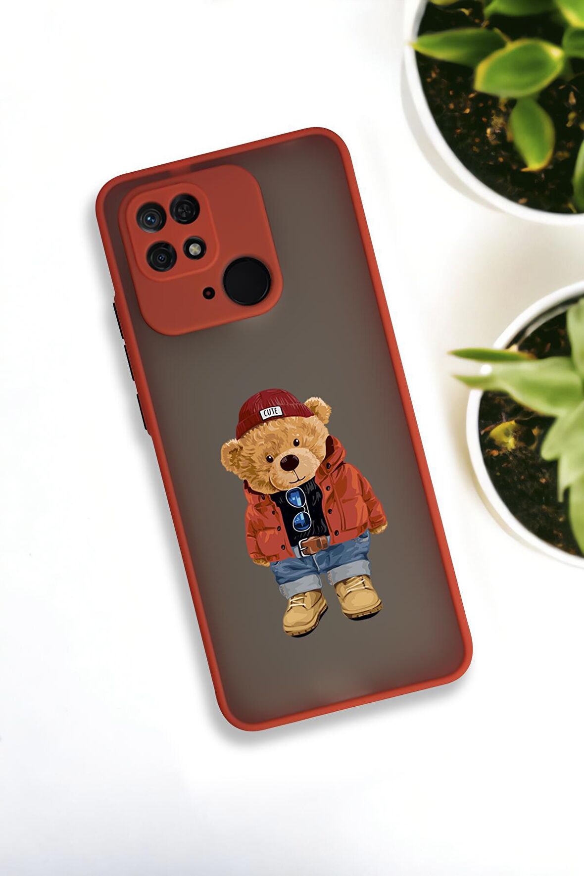 Xiaomi Redmi 10C Uyumlu Teddy Bear Desenli Buzlu Şeffaf Lüx Telefon Kılıfı