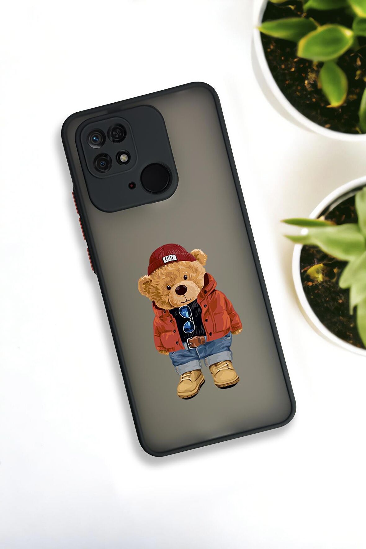 Xiaomi Redmi 10C Uyumlu Teddy Bear Desenli Buzlu Şeffaf Lüx Telefon Kılıfı