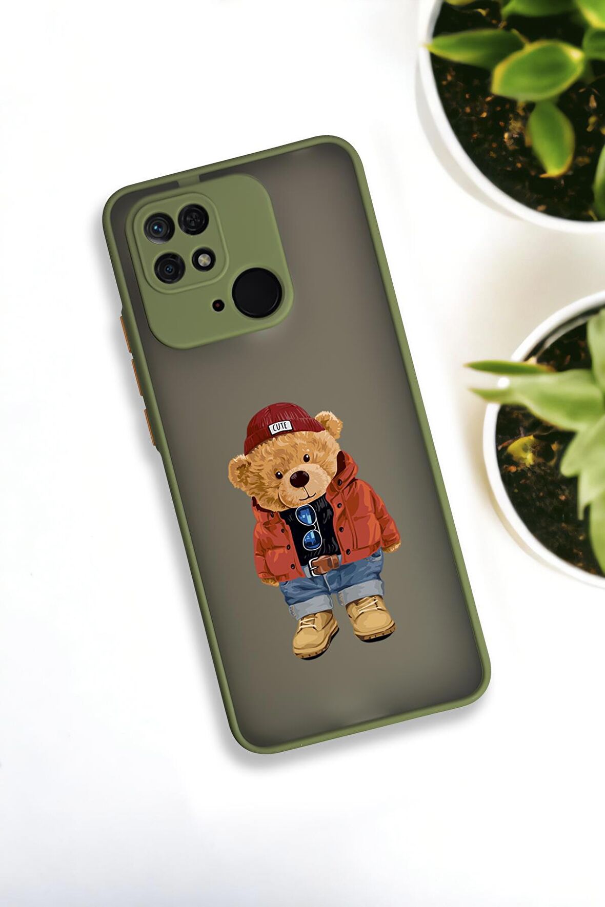Xiaomi Redmi 10C Uyumlu Teddy Bear Desenli Buzlu Şeffaf Lüx Telefon Kılıfı