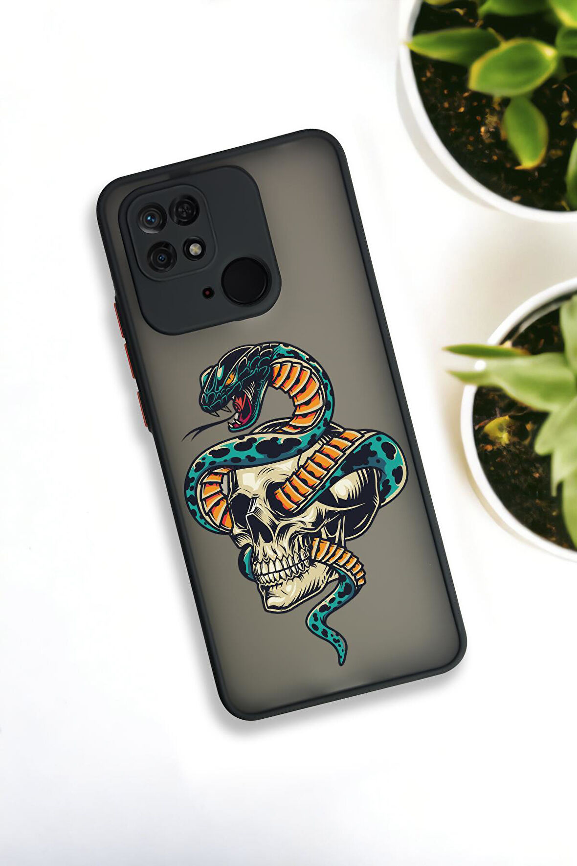 Xiaomi Redmi 10C Uyumlu Skull & Snake Desenli Buzlu Şeffaf Lüx Telefon Kılıfı