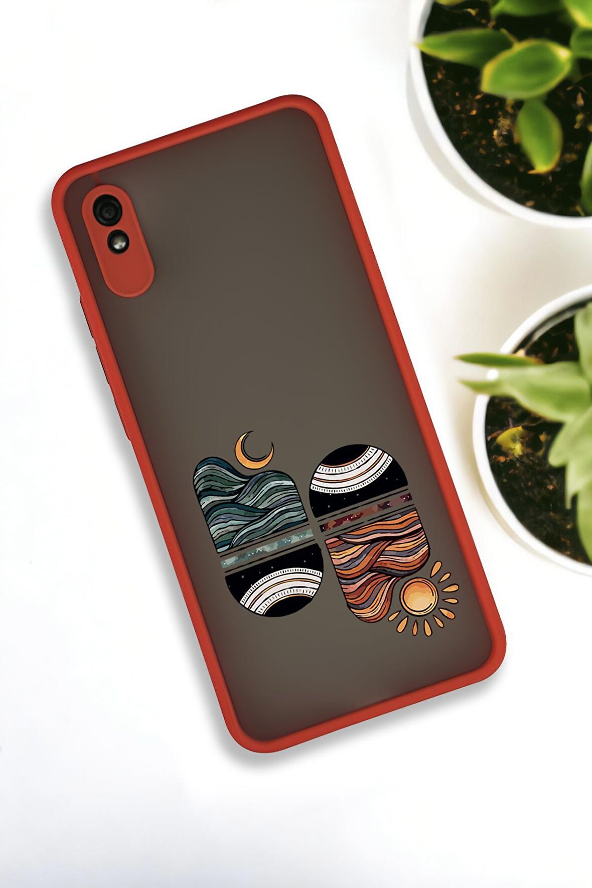 Xiaomi Redmi 9A Uyumlu Sunset Wave Desenli Buzlu Şeffaf Lüx Telefon Kılıfı