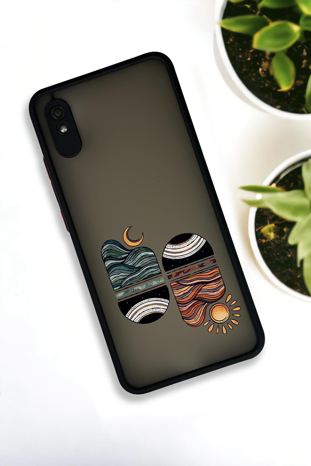 Xiaomi Redmi 9A Uyumlu Sunset Wave Desenli Buzlu Şeffaf Lüx Telefon Kılıfı