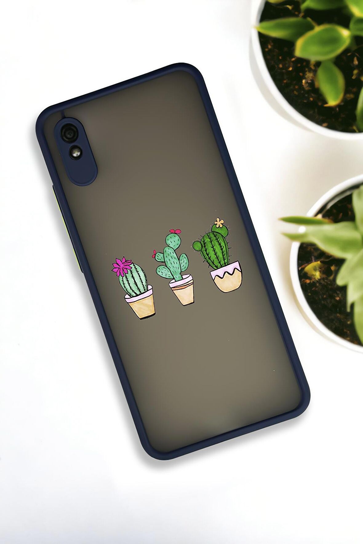 Xiaomi Redmi 9A Uyumlu Üçlü Kaktüs Desenli Buzlu Şeffaf Lüx Telefon Kılıfı