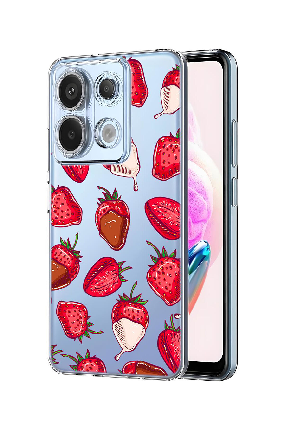 Xiaomi Redmi Note 13 Pro 4G Uyumlu Çikolatalı Çilekler Desenli Premium Silikonlu Şeffaf Telefon Kılıfı