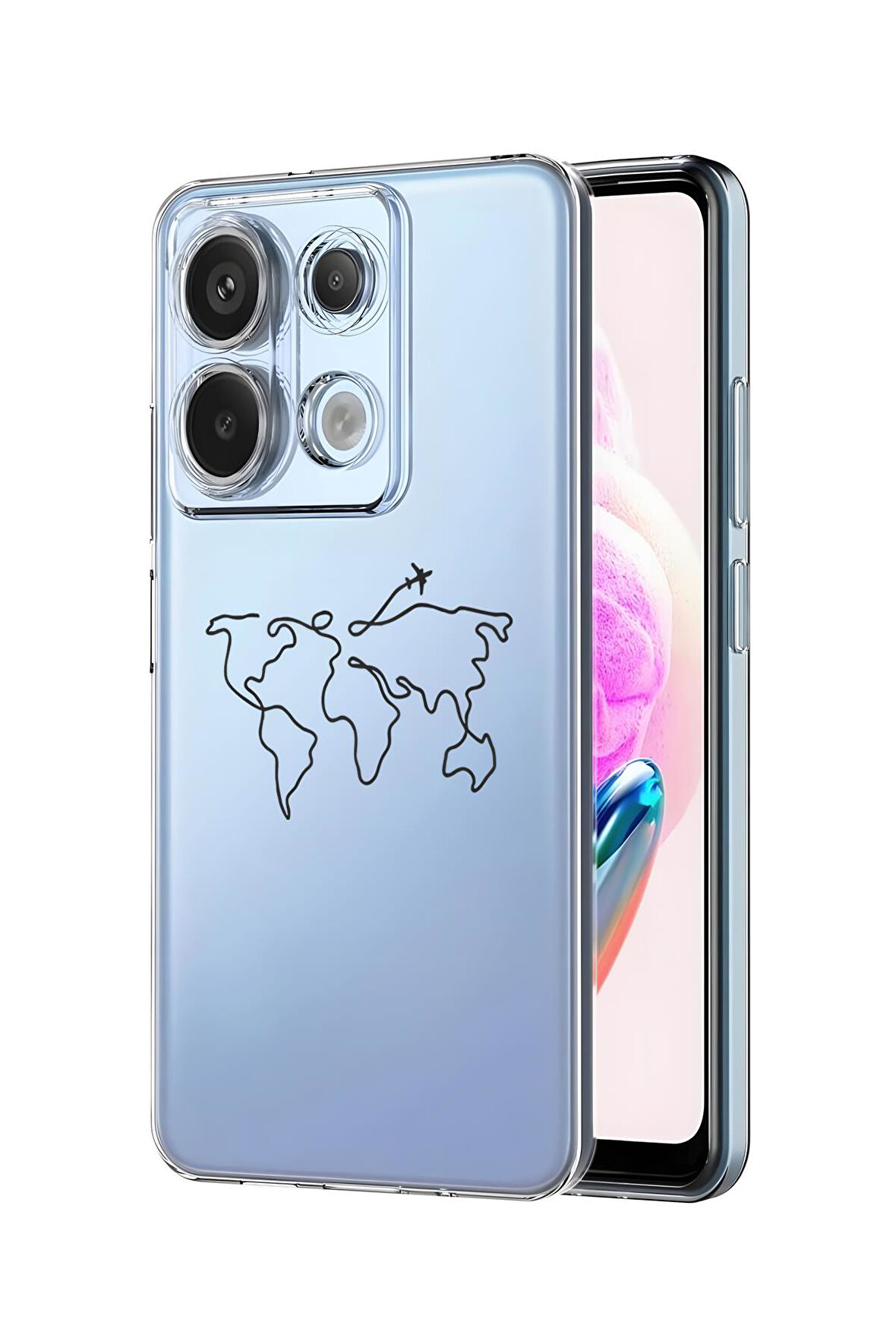 Xiaomi Redmi Note 13 Pro 4G Uyumlu Dünya Harita Rota Desenli Premium Silikonlu Şeffaf Telefon Kılıfı