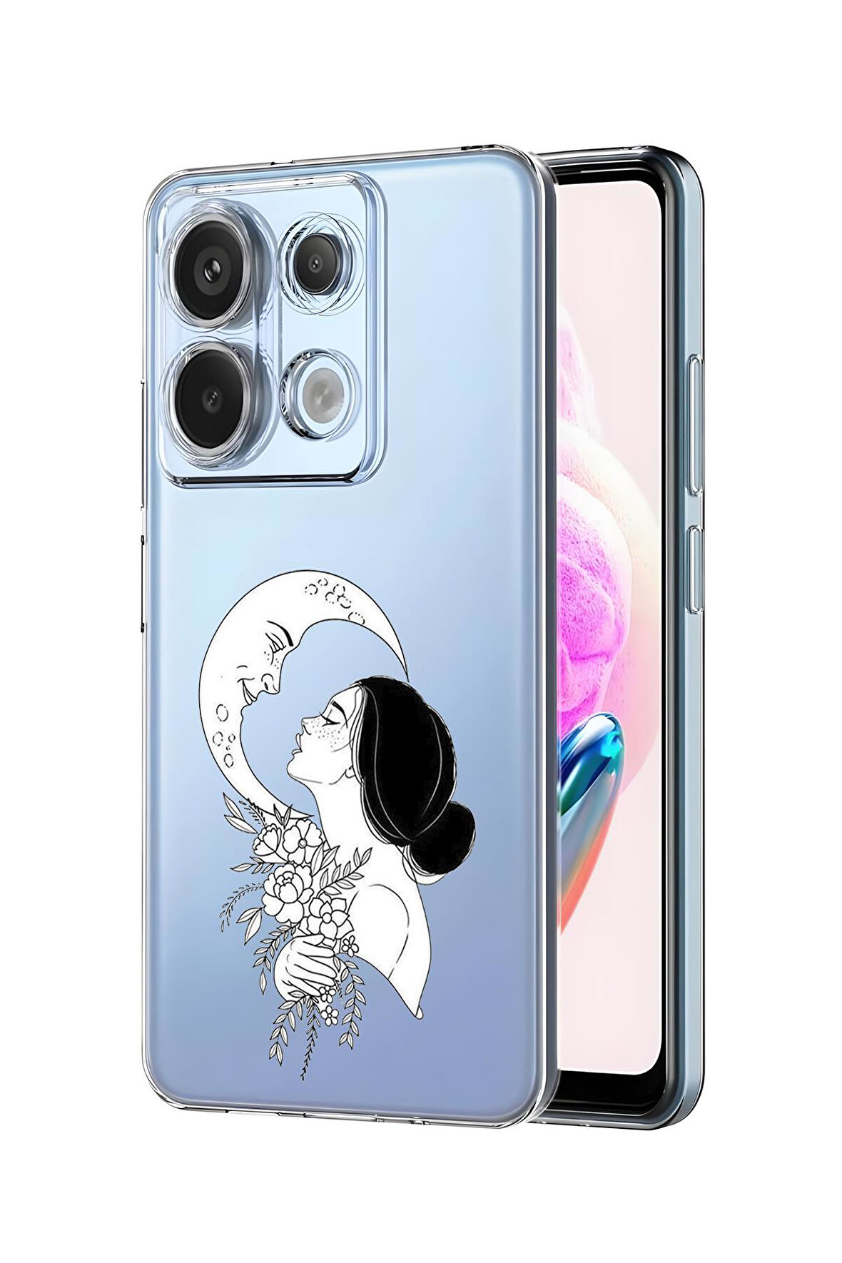 Xiaomi Redmi Note 13 Pro 4G Uyumlu Moon and Women Desenli Premium Silikonlu Şeffaf Telefon Kılıfı
