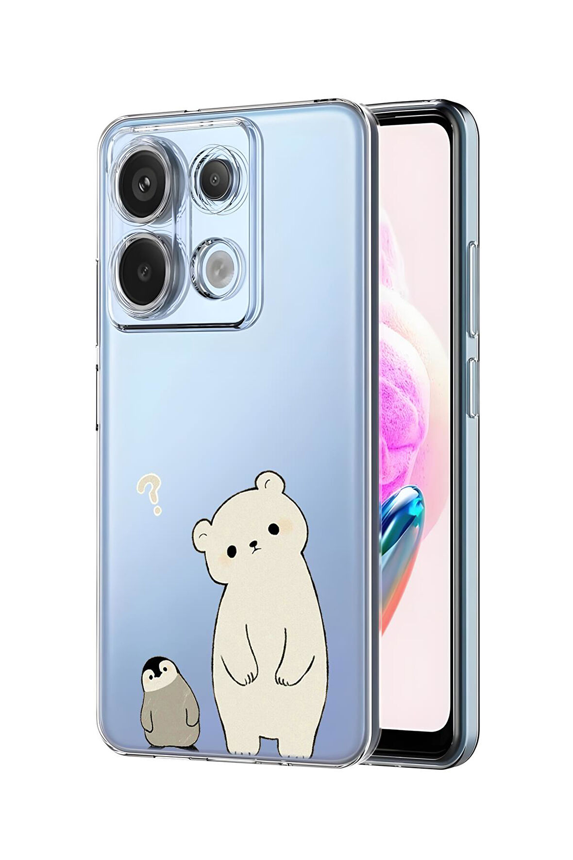 Xiaomi Redmi Note 13 Pro 4G Uyumlu Penguen ve Ayıcık Desenli Premium Silikonlu Şeffaf Telefon Kılıfı