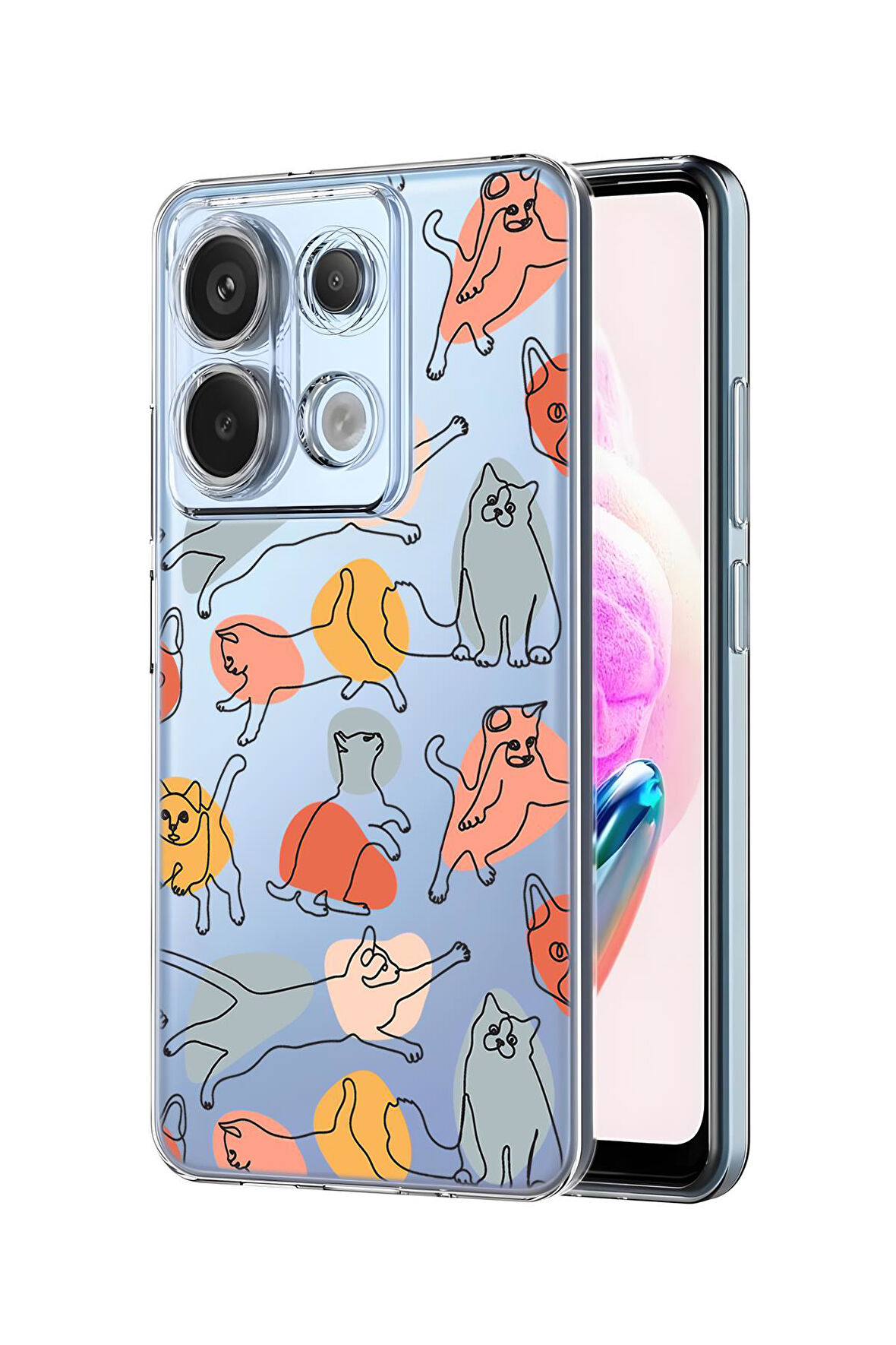 Xiaomi Redmi Note 13 Pro 4G Uyumlu Sevimli Kedi Figürleri Desenli Premium Silikonlu Şeffaf Telefon Kılıfı