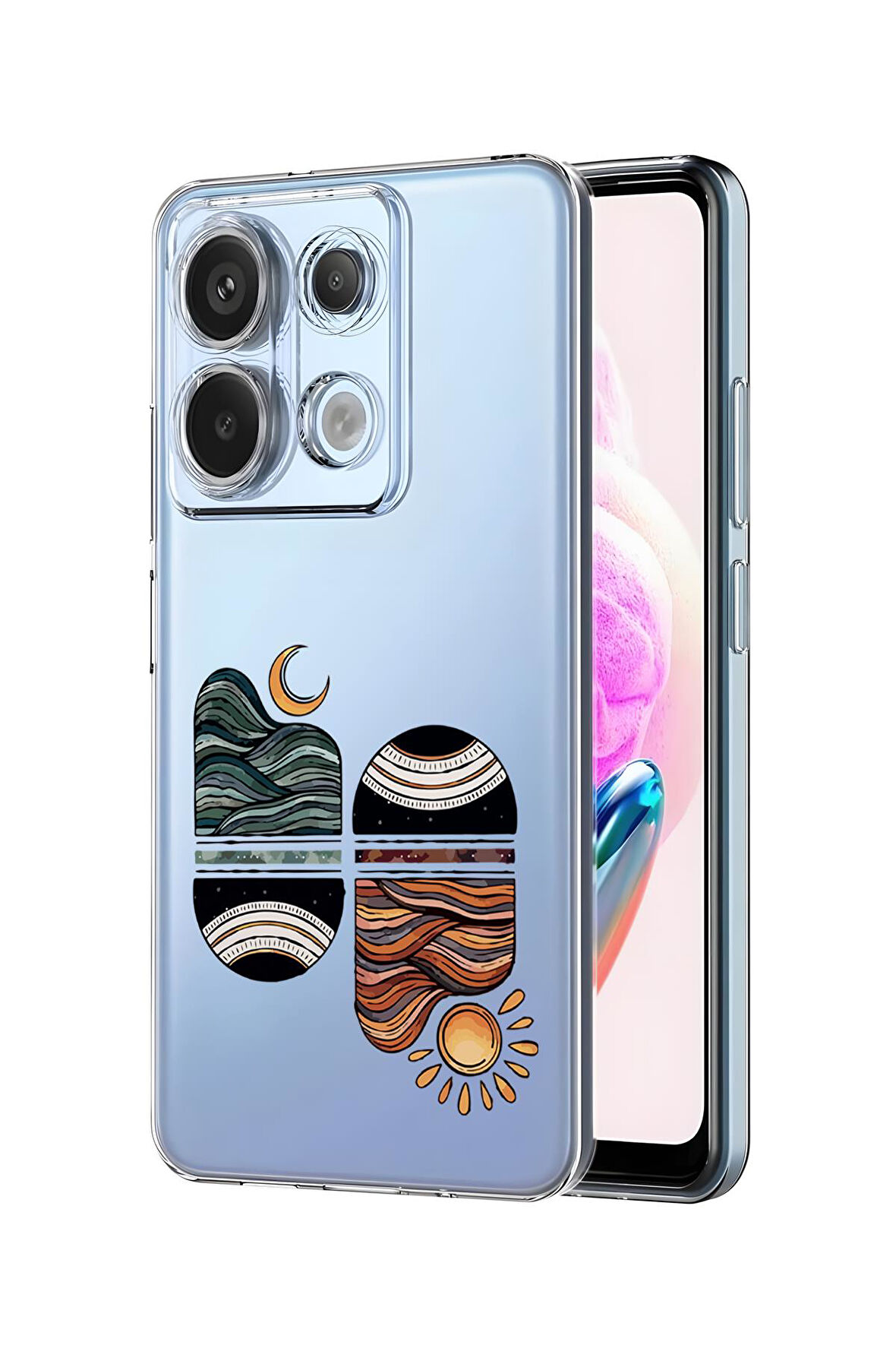 Xiaomi Redmi Note 13 Pro 4G Uyumlu Sunset Wave Desenli Premium Silikonlu Şeffaf Telefon Kılıfı