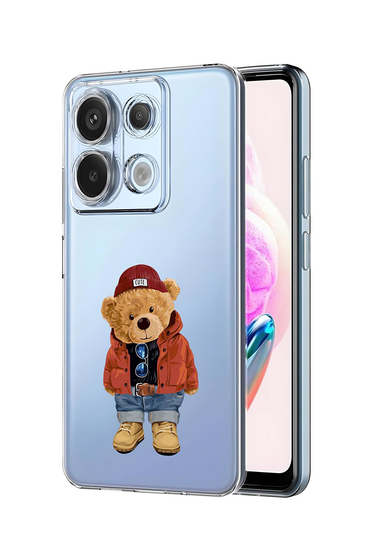 Xiaomi Redmi Note 13 Pro 4G Uyumlu Teddy Bear Desenli Premium Silikonlu Şeffaf Telefon Kılıfı