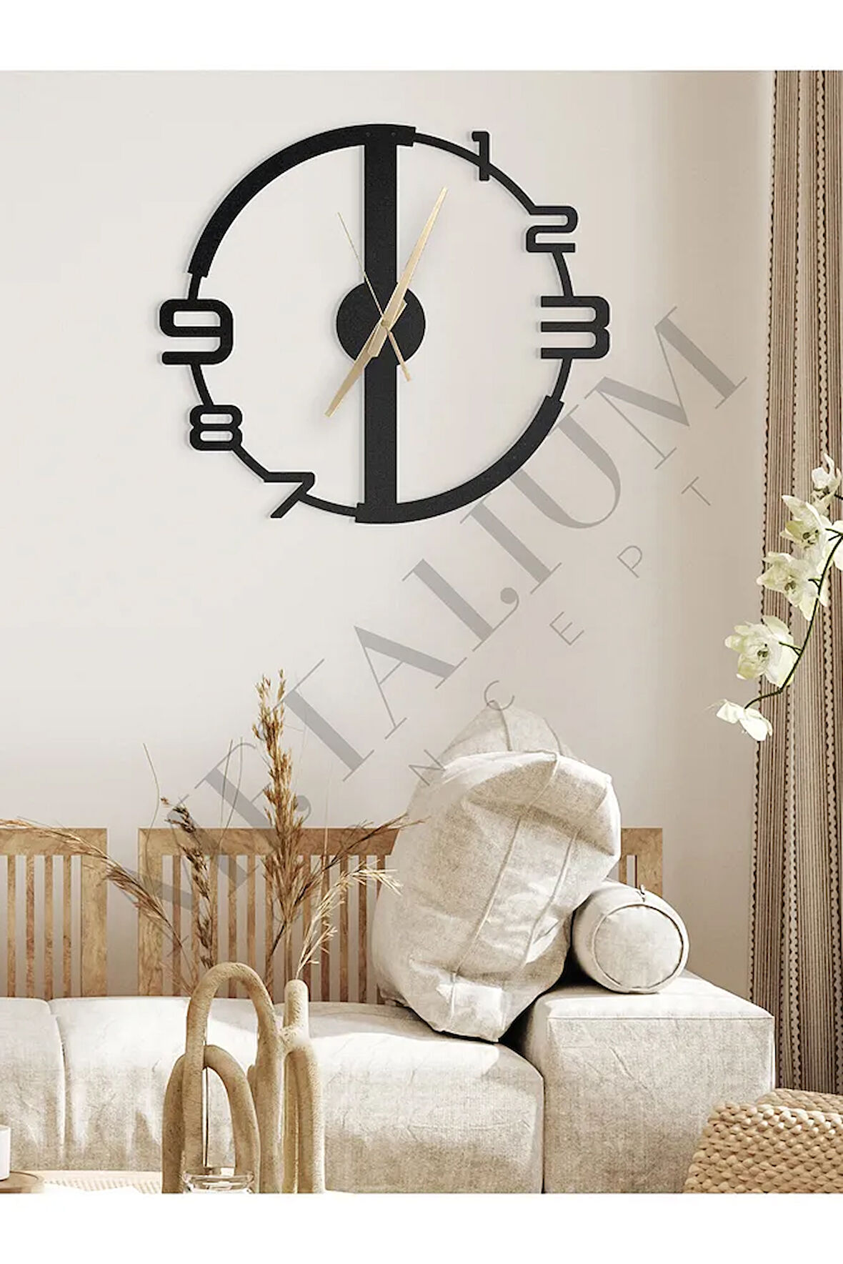 Dekoratif Sessiz Siyah Metal Duvar Saati 60x60cm