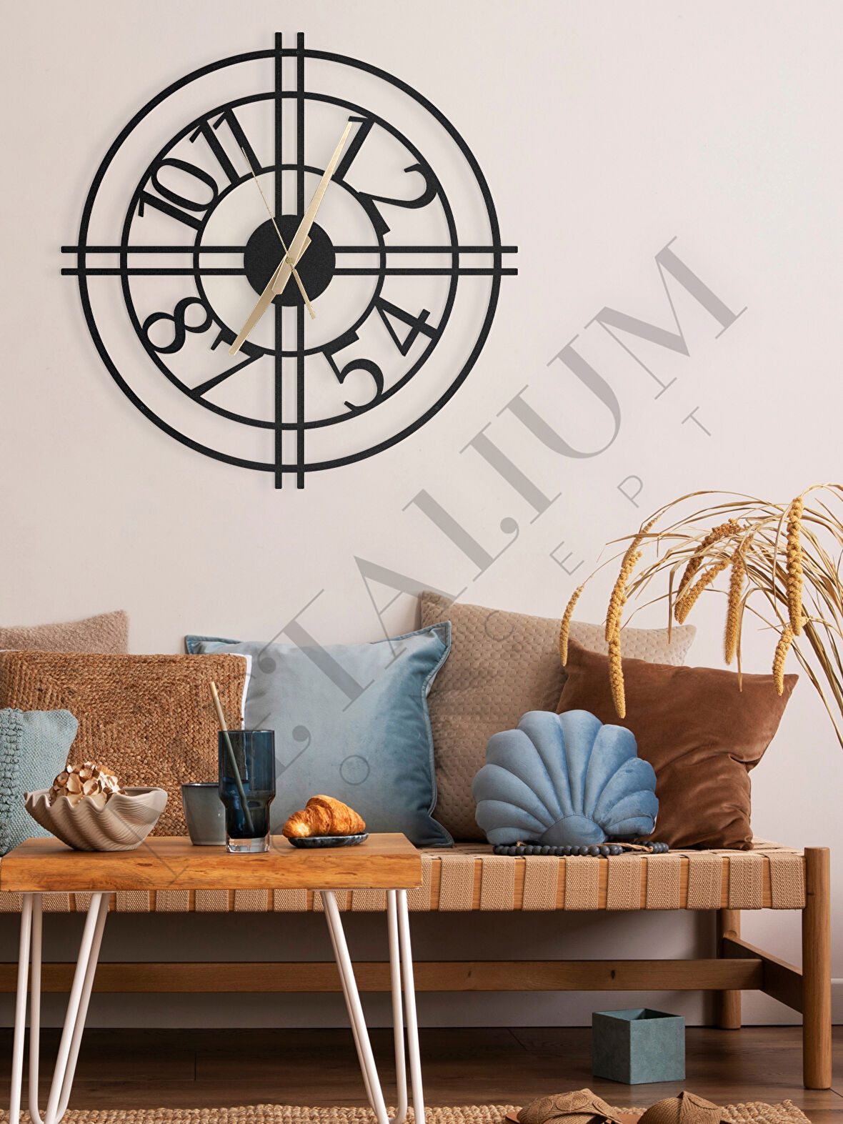 Dekoratif Türkçe Rakamlı Sessiz Siyah Metal Duvar Saati 60x60cm