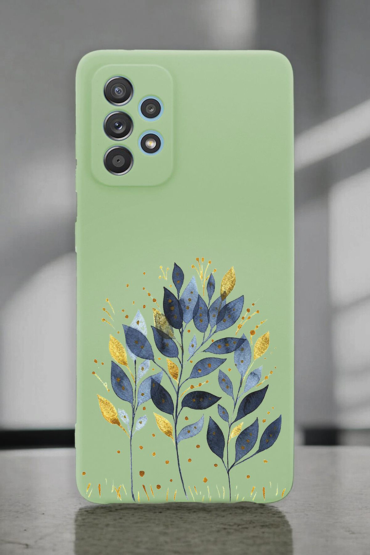 Samsung A72 Uyumlu Mavi Yaprak Desenli Premium Silikonlu Lansman Telefon Kılıfı