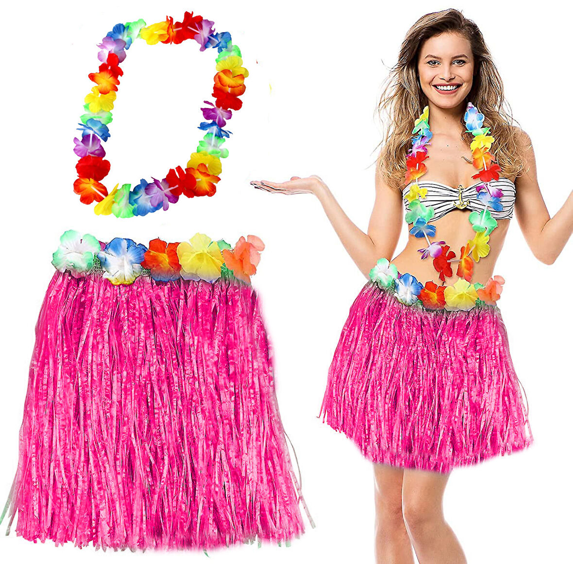 Hawaii Luau Aloha Pembe Püsküllü 40 cm Etek ve Hawaii Kolye Seti (4767)