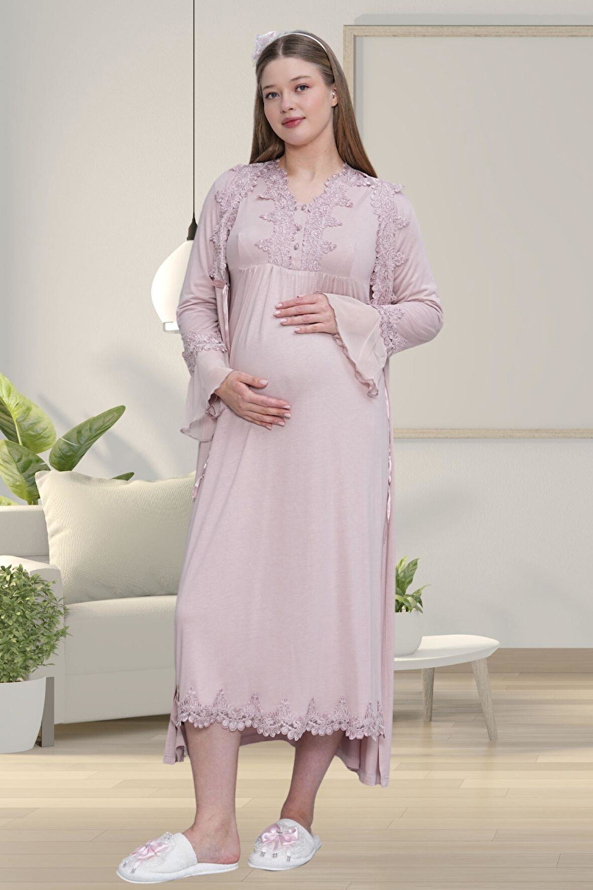 Mecit 1518 Gül Kurusu Sabahlıklı Lohusa Gecelik Takım