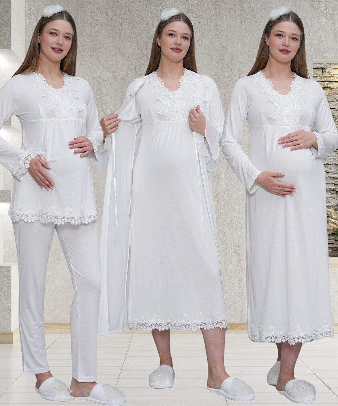 Mecit 1519 Ekru Lohusa Sabahlık Gecelik Pijama Set