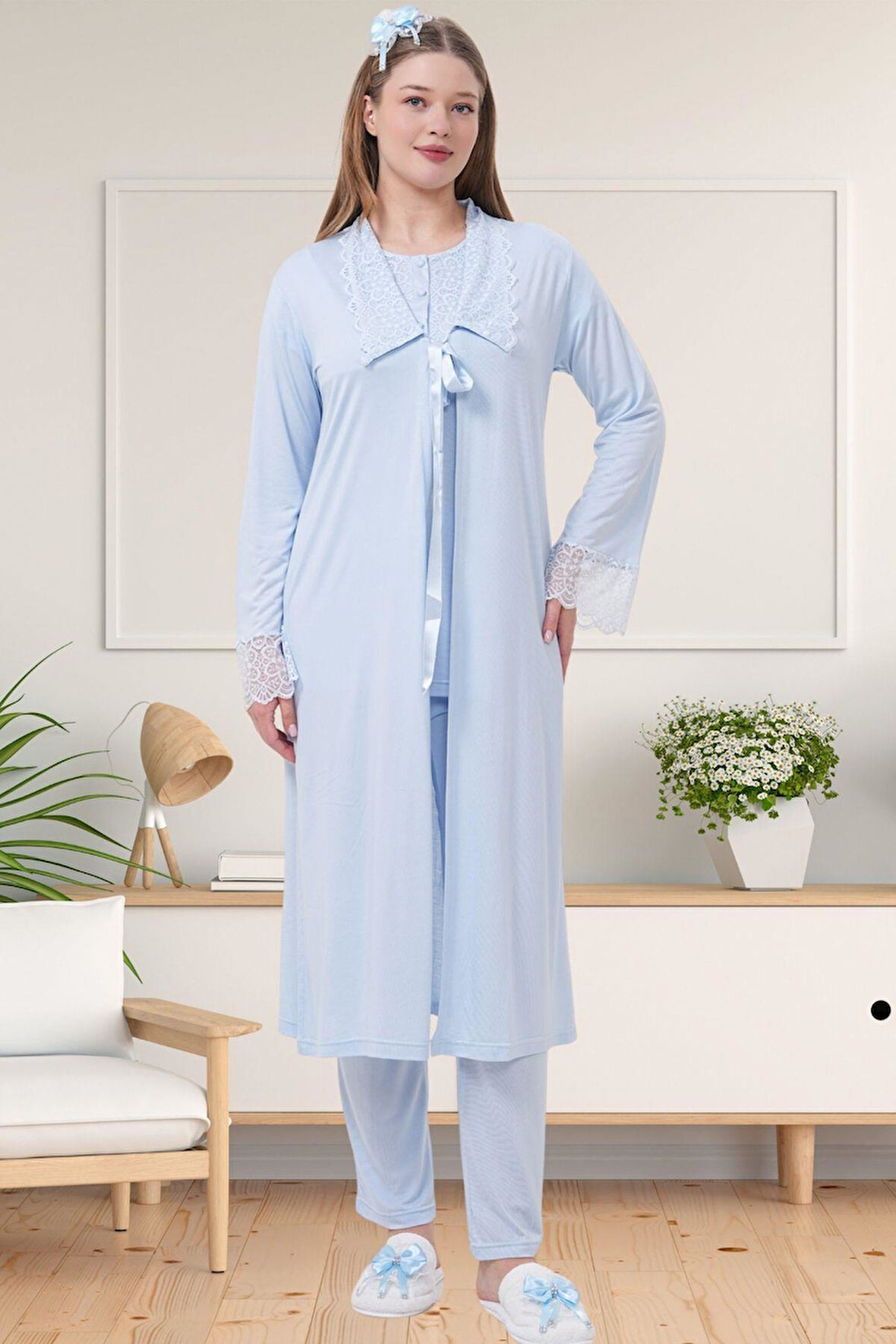 Mecit 1541 Mavi Uzun Sabahlıklı Lohusa Pijama Takımı