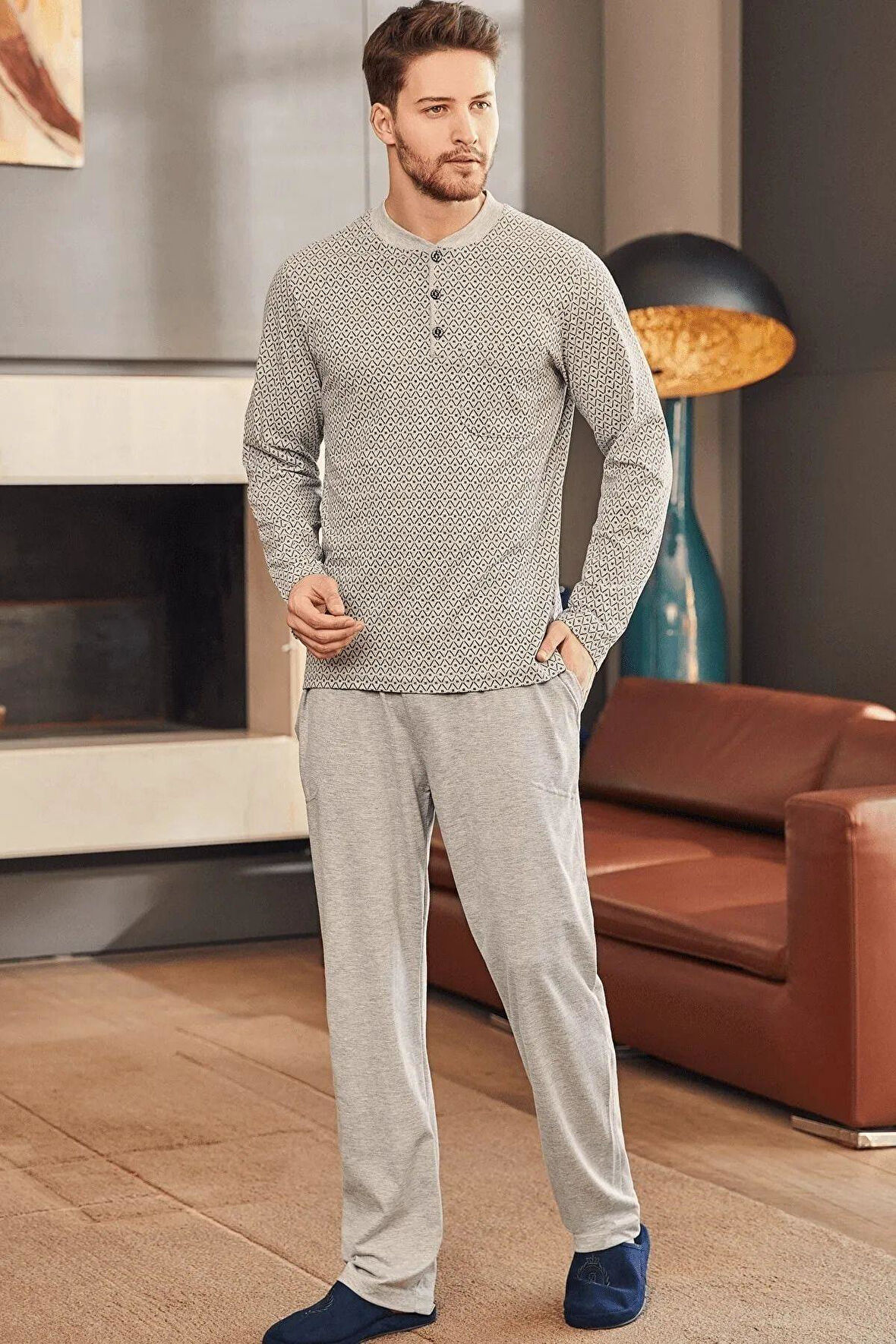 Mecit 22759 Gri Şardonlu Kışlık Büyük Beden Erkek Pijama Takımı