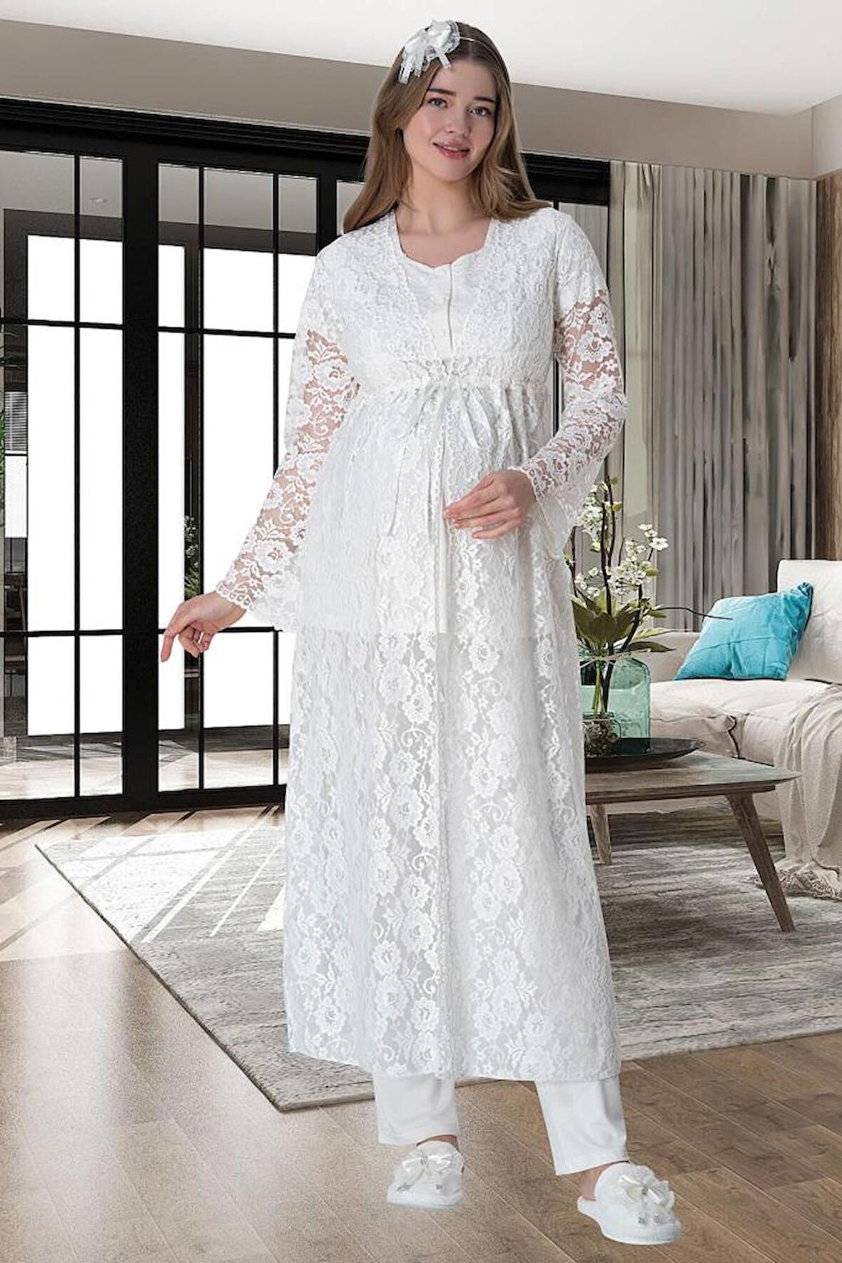 Mecit 6000 Kadın Ekru Dantel Sabahlık Hamile Lohusa Pijama Takımı