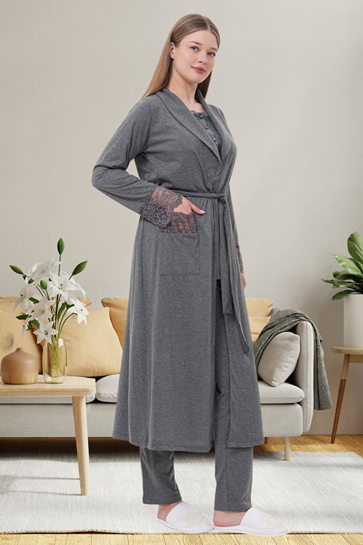 Mecit 6003 Füme Sabahlıklı Lohusa Pijama Takımı