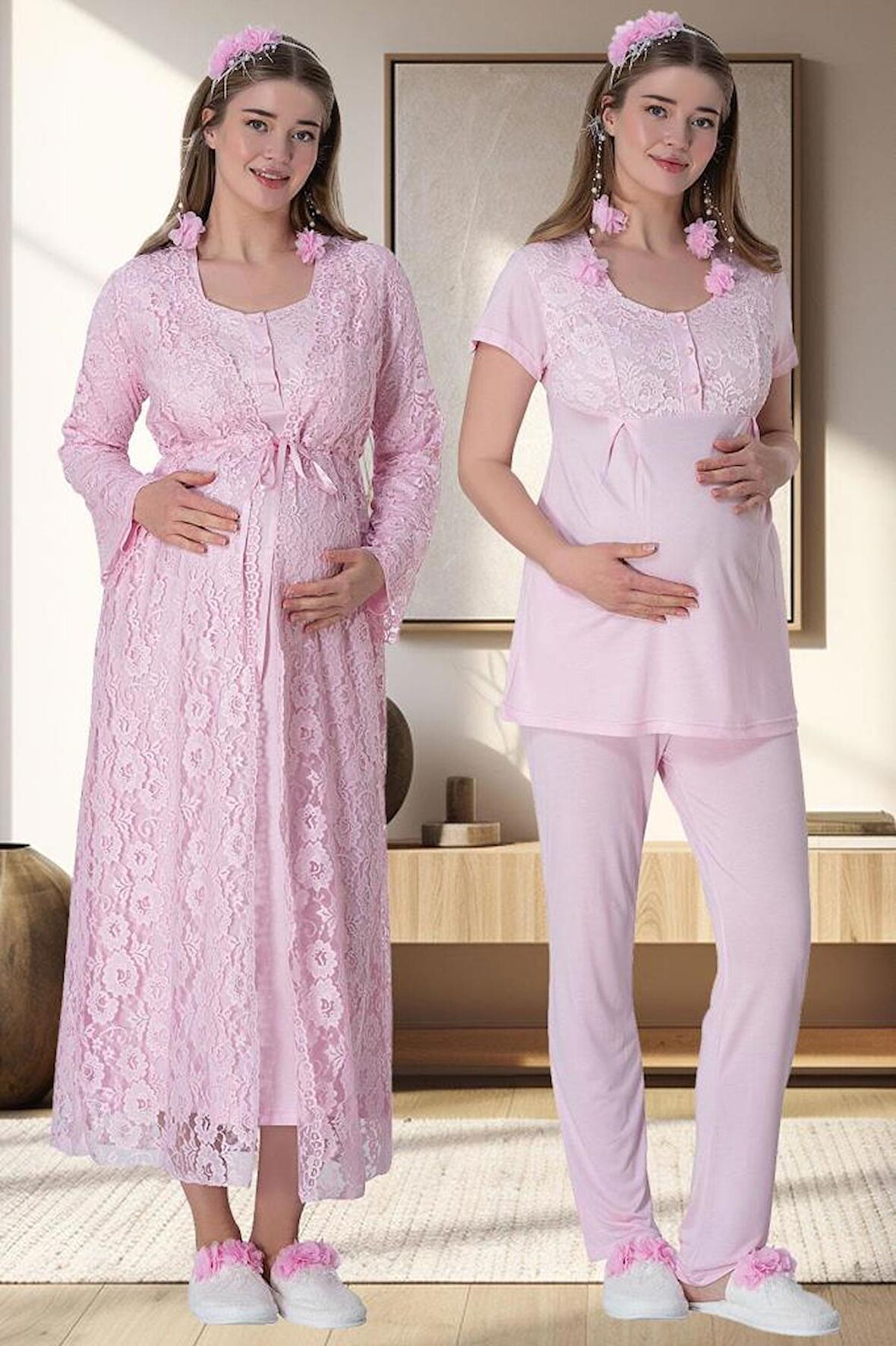 Mecit 6060 Kadın Pembe Sabahlık Gecelik Pijama Hamile Lohusa Set