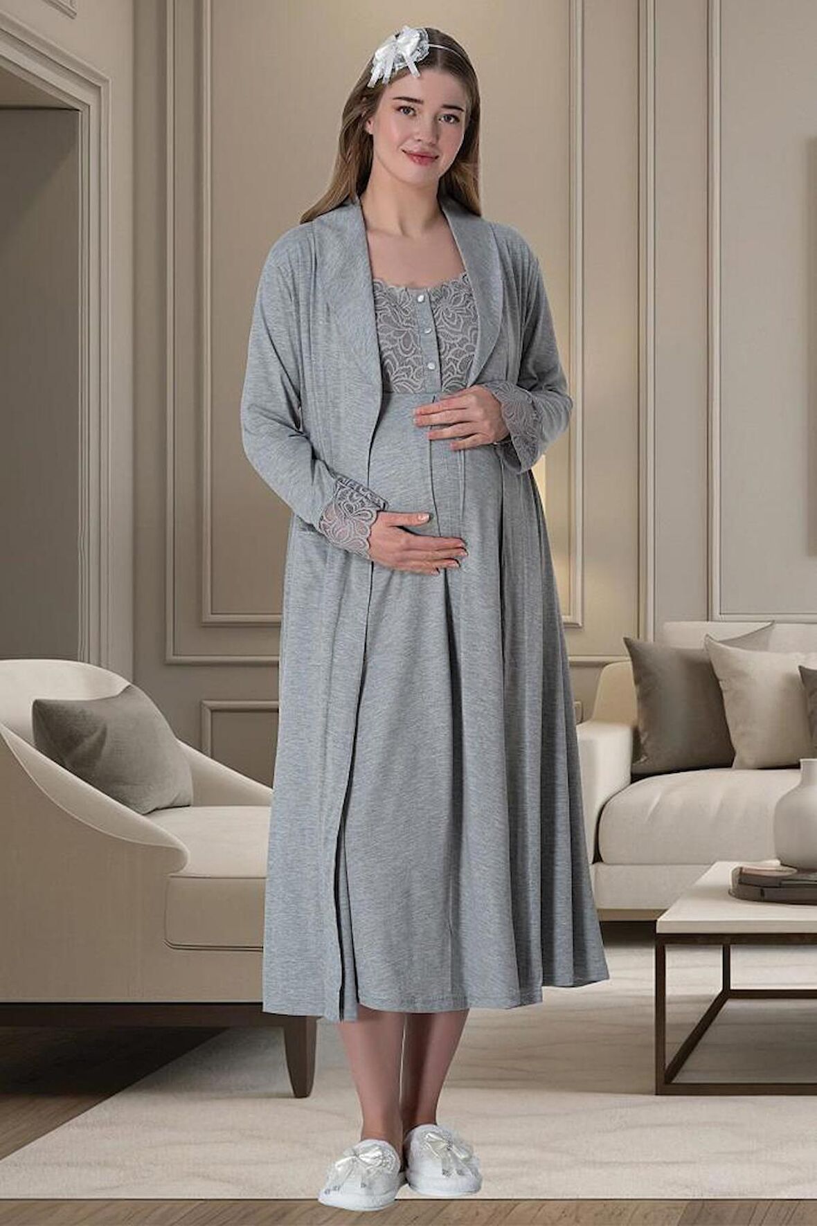 Mecit 6066 Bayan Hamile Lohusa Gri Sabahlık Gecelik Pijama Seti