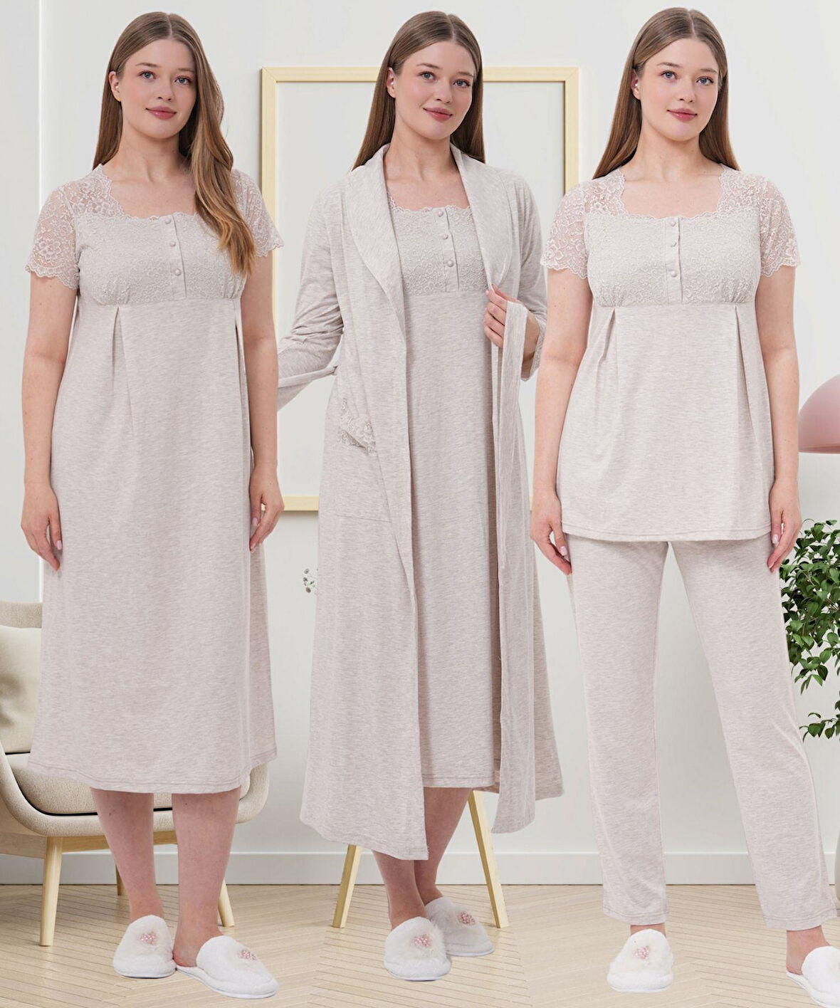 Mecit 6066 Vizon Sabahlıklı Gecelik Pijama Lohusa Set