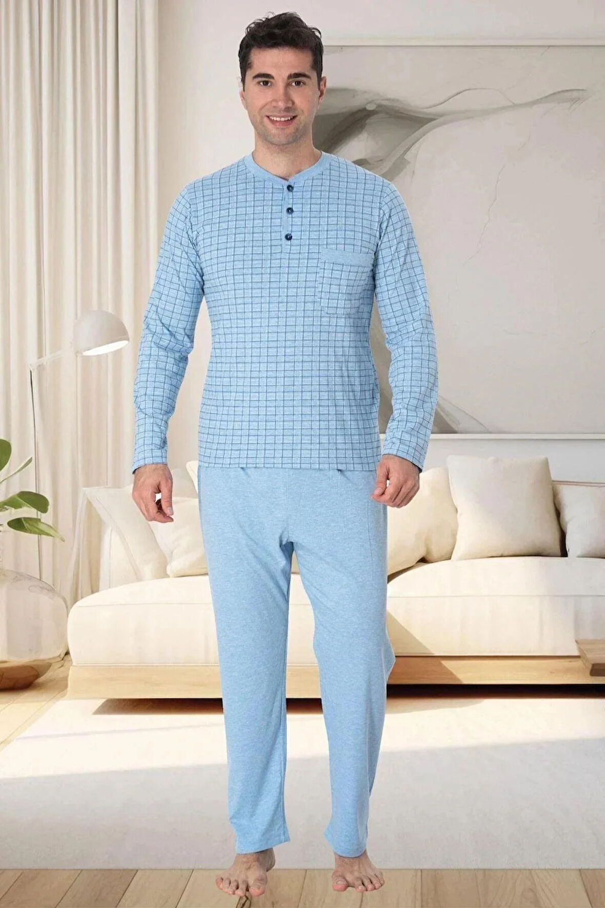 By Mecit 2759 Mavi Büyük Beden Erkek Pijama Takımı