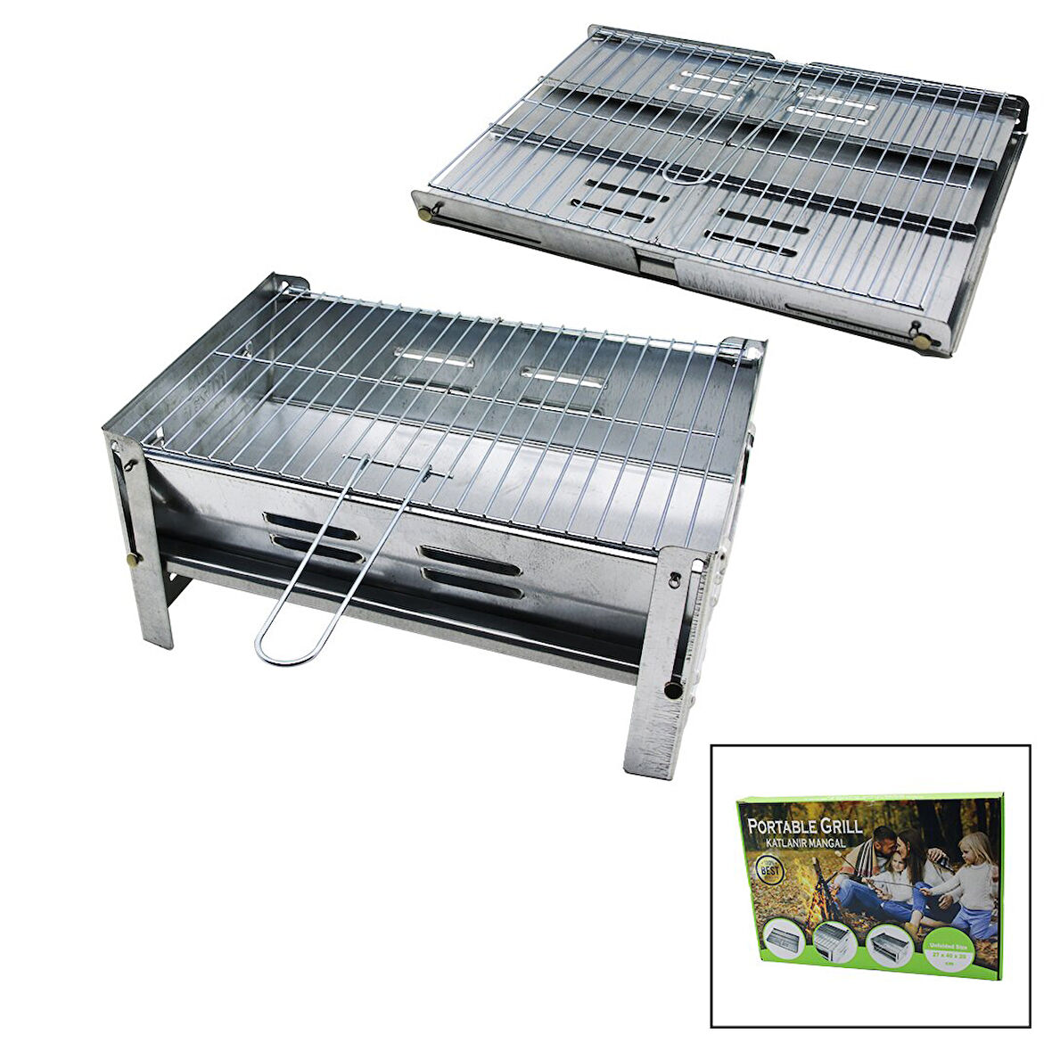 PORTABLE GRILL KOMPLE KATLANIR PORTATİF - PRATİK GALVANİZ METAL MANGAL 27X40X20CM