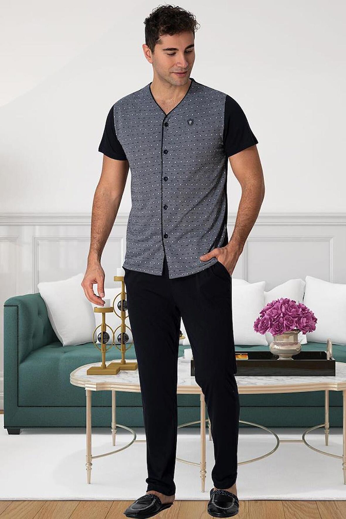 Mecit 2792 Erkek Gri Büyük Beden Boydan Düğmeli Pijama Takımı