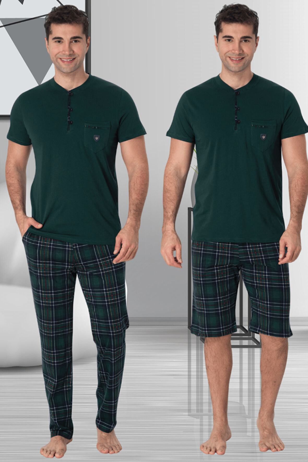 Mecit 2901 Yeşil Ekoseli Büyük Beden Erkek 3'lü Pijama Takımı