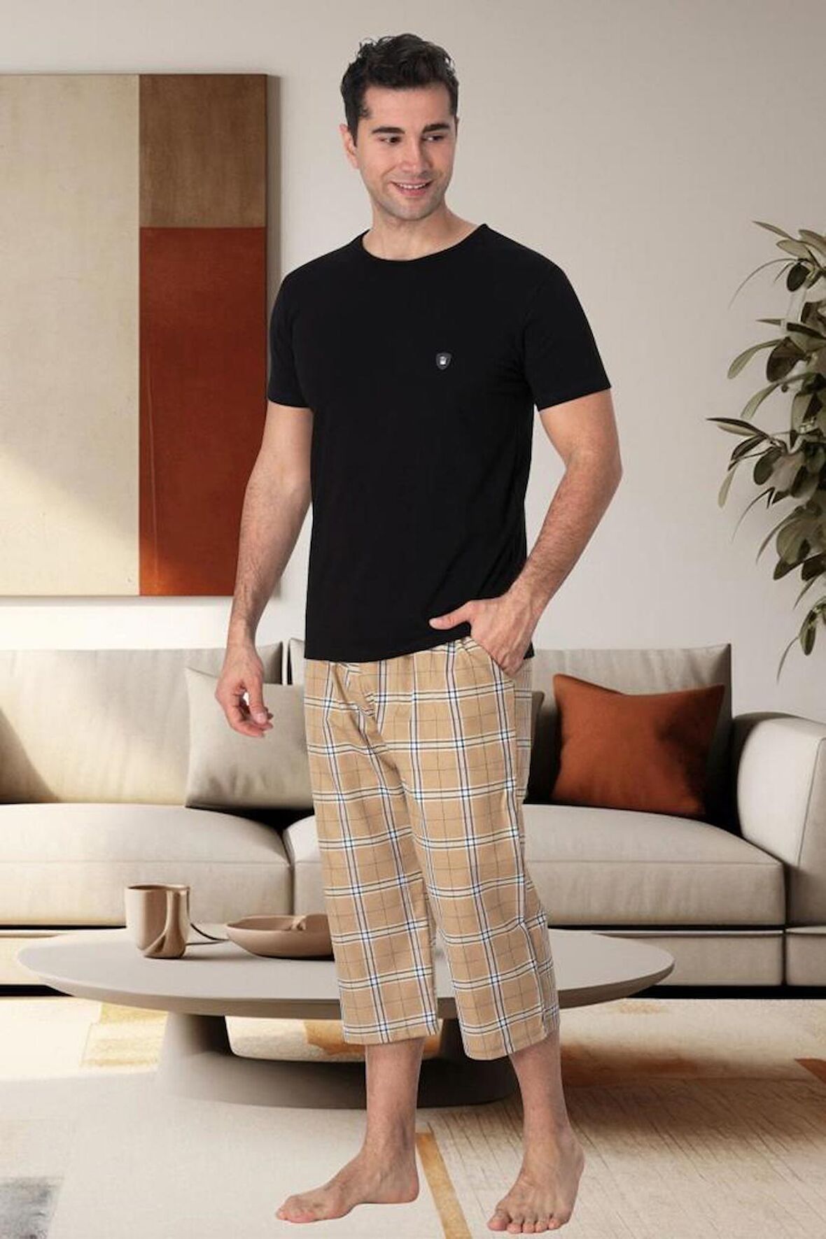 Mecit 2912 Siyah Ekoseli Erkek Büyük Beden Kapri Pijama Takımı