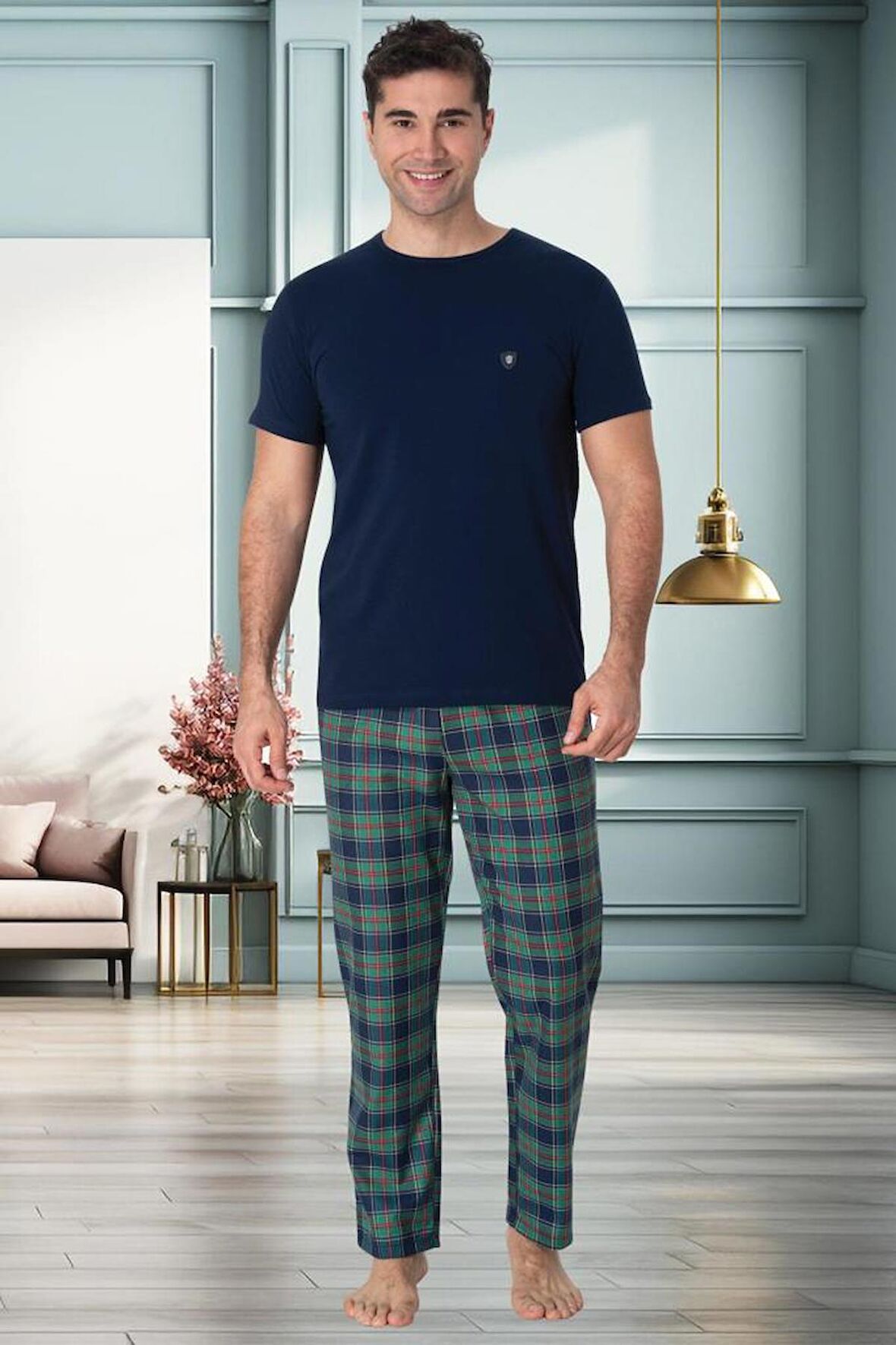 Mecit 2917 Erkek Lacivert Ekoseli Büyük Beden Pijama Takımı