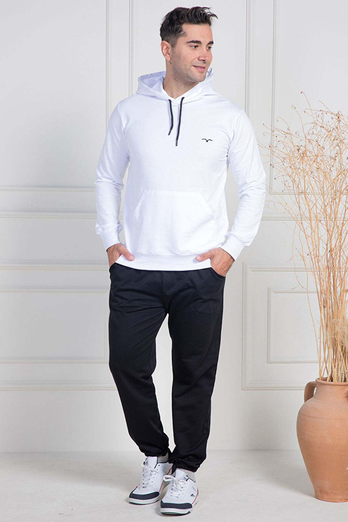 Mecit 2975 Beyaz %100 Pamuk Kapüşonlu Spor Model Büyük Beden Erkek Pijama Takımı
