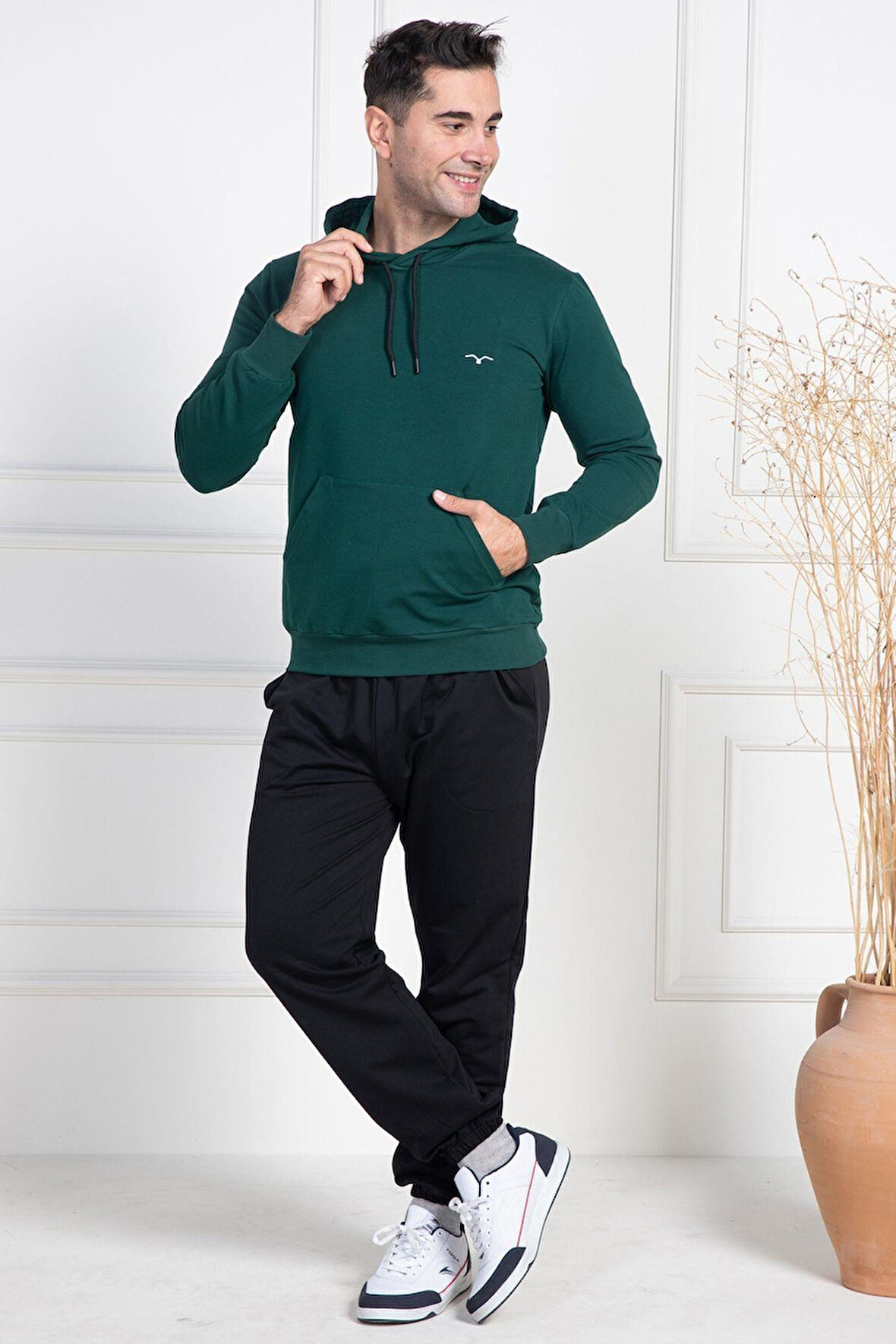 Mecit 2975 Yeşil %100 Pamuk Kapüşonlu Spor Model Büyük Beden Erkek Pijama Takımı