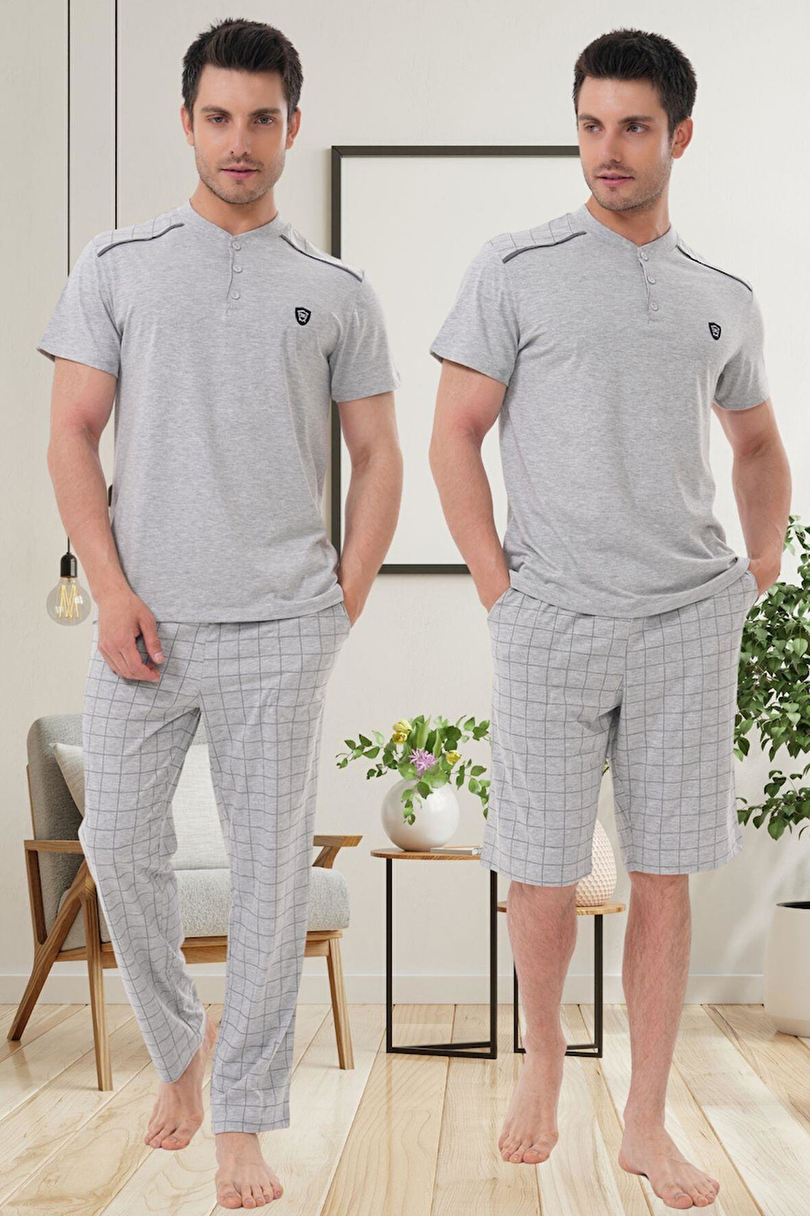 Mecit 2980 Gri Büyük Beden 3 Parça Erkek Şortlu Pijama Takımı